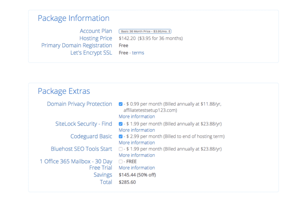 package options on bluehost