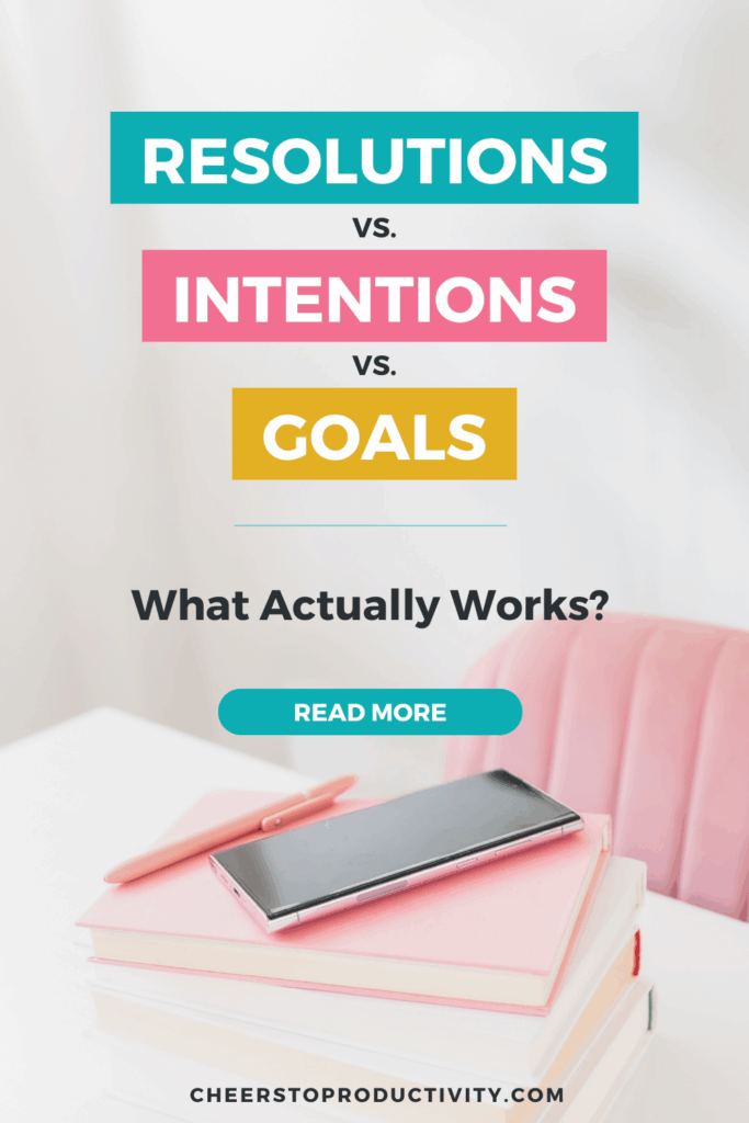 Graphic reading ‘Resolutions vs. Intentions vs. Goals: What Actually Works?’ with notebooks, a pen, and a phone, representing new year goals and intentional planning.