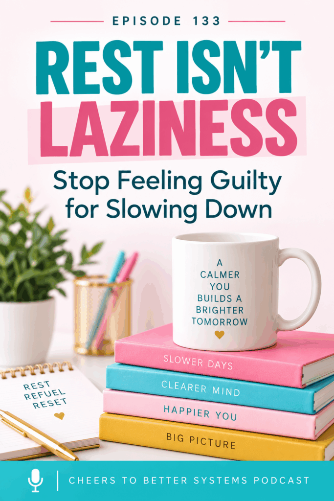 Rest isn't laziness, Episode 133 of Cheers to Better Systems podcast pin graphic
